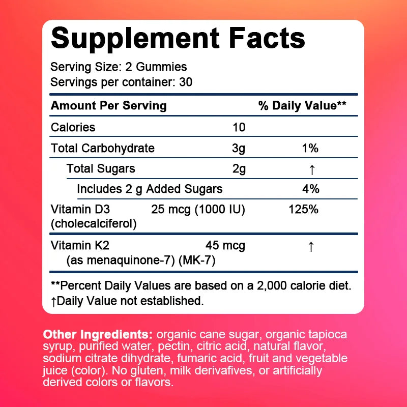 BBEEAAUU Vitamin D3 & Vitamin K2 Supplement Bone Support D3 K2 Gummies Vegan Non-GMO Gluten Free Improves Muscle Function