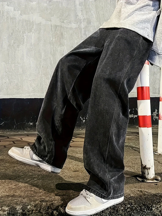 Men's Regular Fit Multi-Pocket Jeans - Street Style Cotton Blend Denim, Black & Gray, Non-Stretch, All-Season Wear, Classic Design