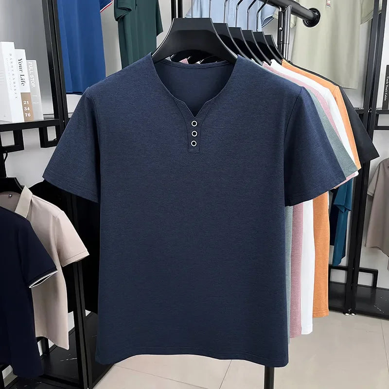 New Men's Casual and Fashionable Three Button V-neck Solid Color Short Sleeved T-shirt Summer Versatile Top