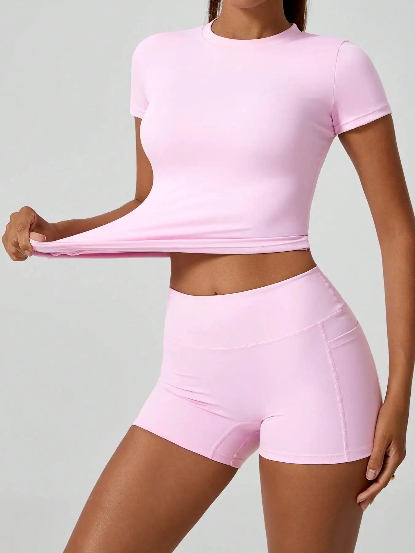 Women's Solid Purple Seamless Short Sleeve Sports Set - High Elastic & Slim Fit for Yoga, Gym, Running
