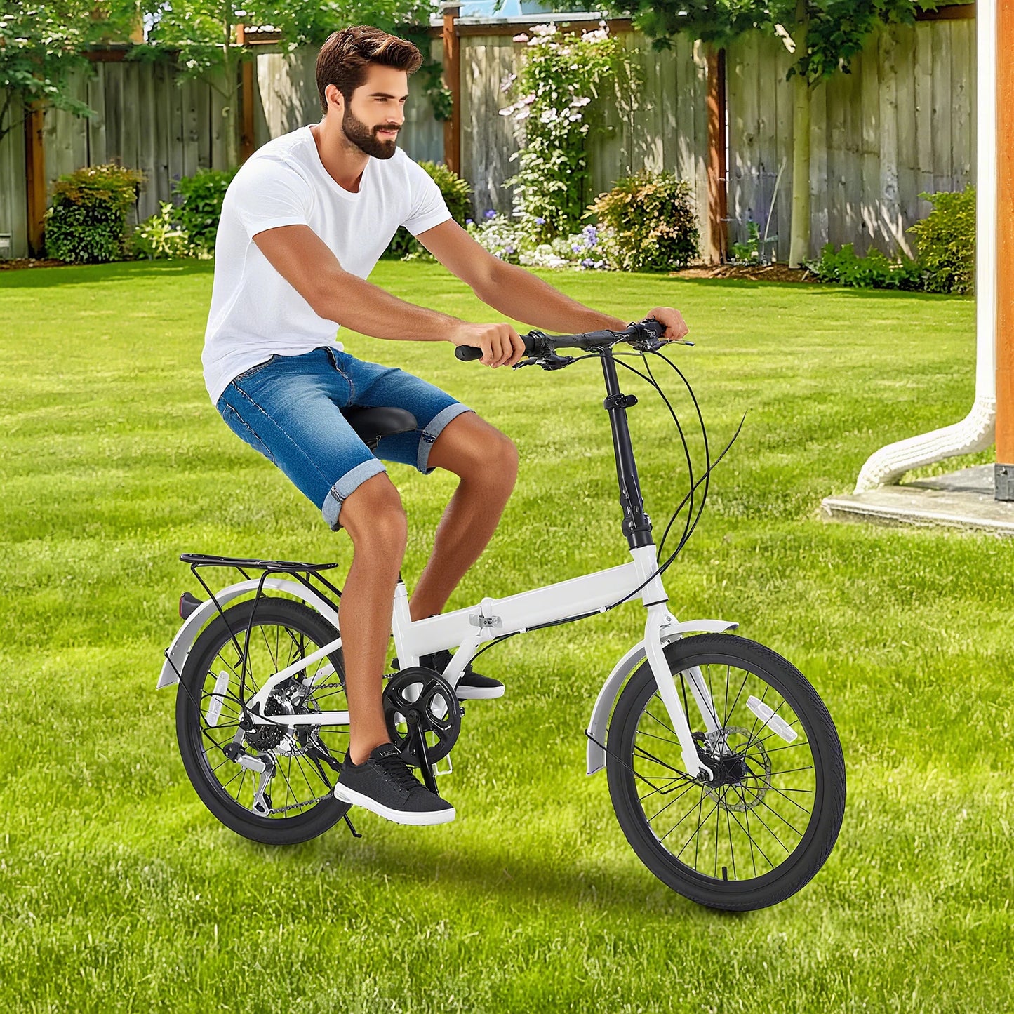 7 Speed Folding City Bicycle for Adults,White Iron T-Shaped Frame with Disc Brake,Height Adjustable Seat Portable Commuter Bike