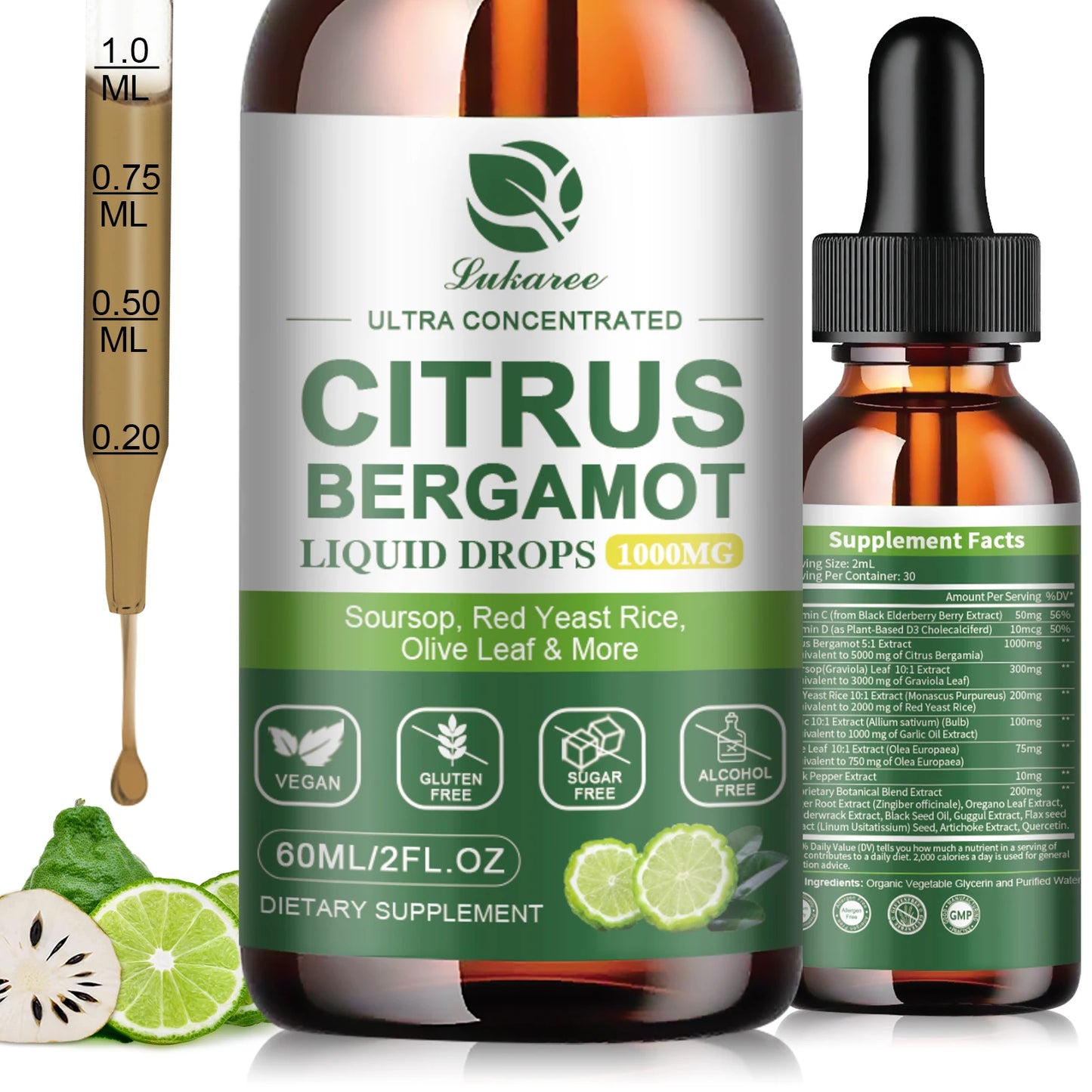 Citrus Bergamot Liquid Drops Natural Supplement with Soursop,Red Yeast Rice,Olive Leaf, High Absorption Support Overall Wellness