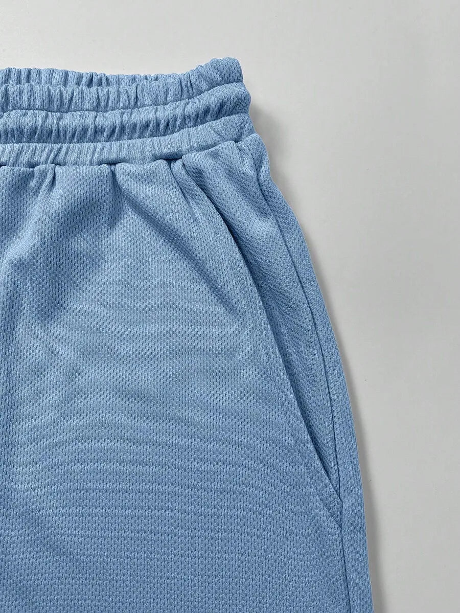 Men's Light Blue Solid Short Sleeve Polo Shirt and Matching Shorts Set, Summer Casual Outfit