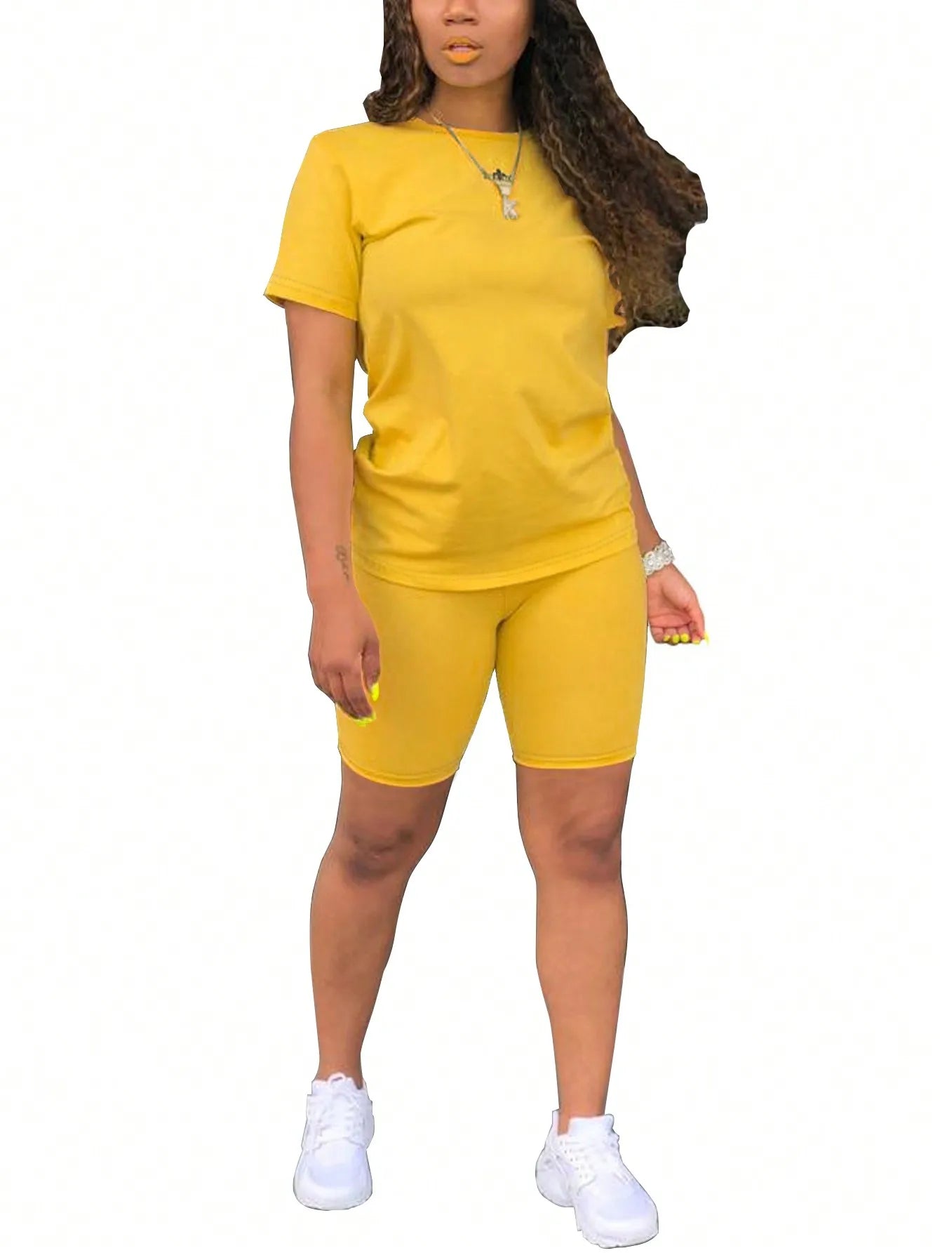 Women's 2-Piece Solid Blue Casual Set: Round Neck Tee & Biker Shorts