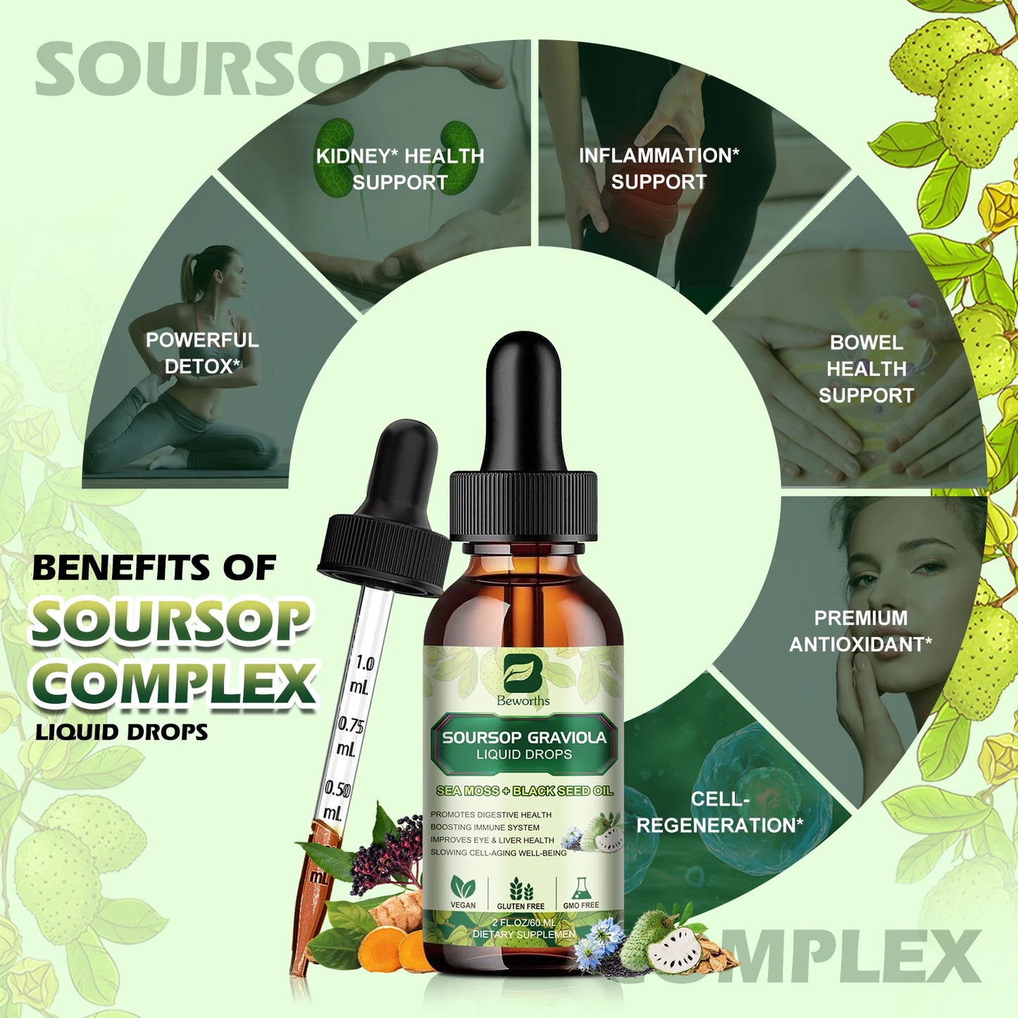 BEWORTHS Sea Moss & Soursop Graviola Extract Drops Support Immunity Digestion and Kidney Health Inflammatory Support Gluten-Free