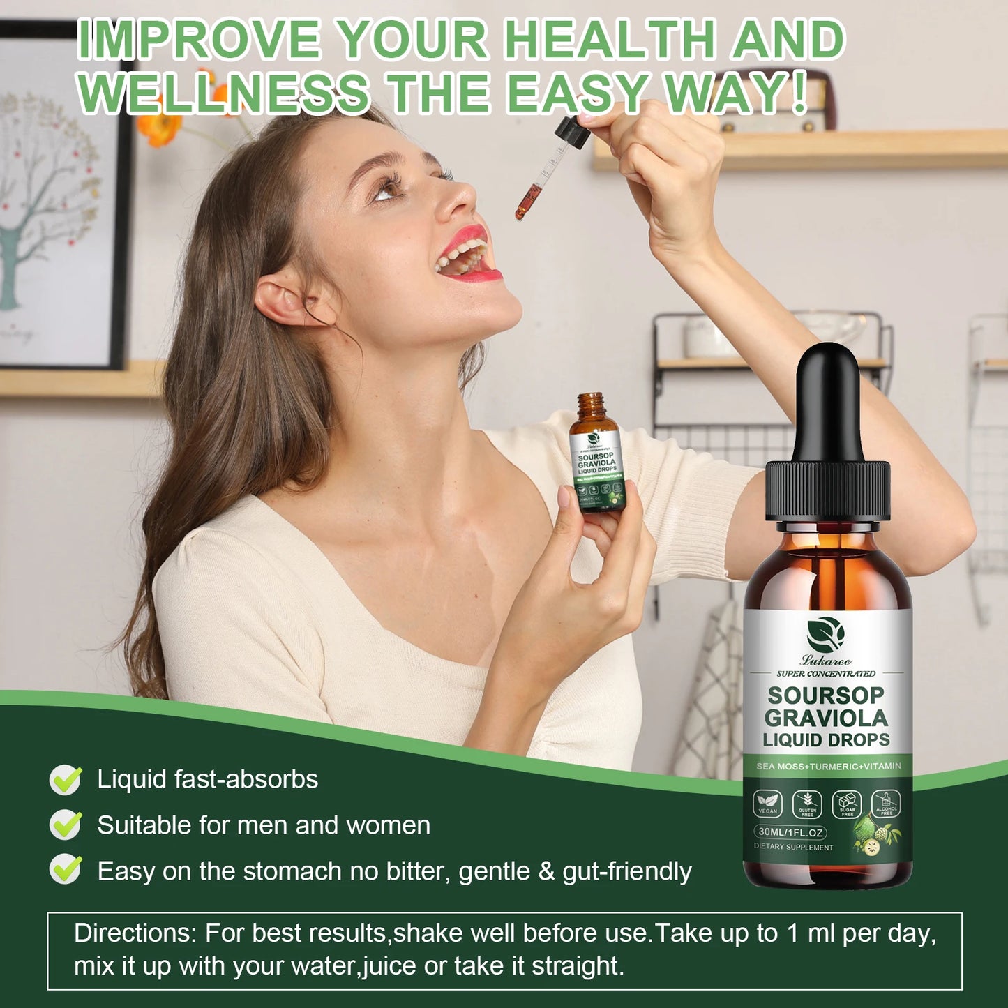 30ML Soursop Graviola Extract Drops Support Immunity and Digestion ,Metabolism Health, Detox and Antioxidation Gluten-Free