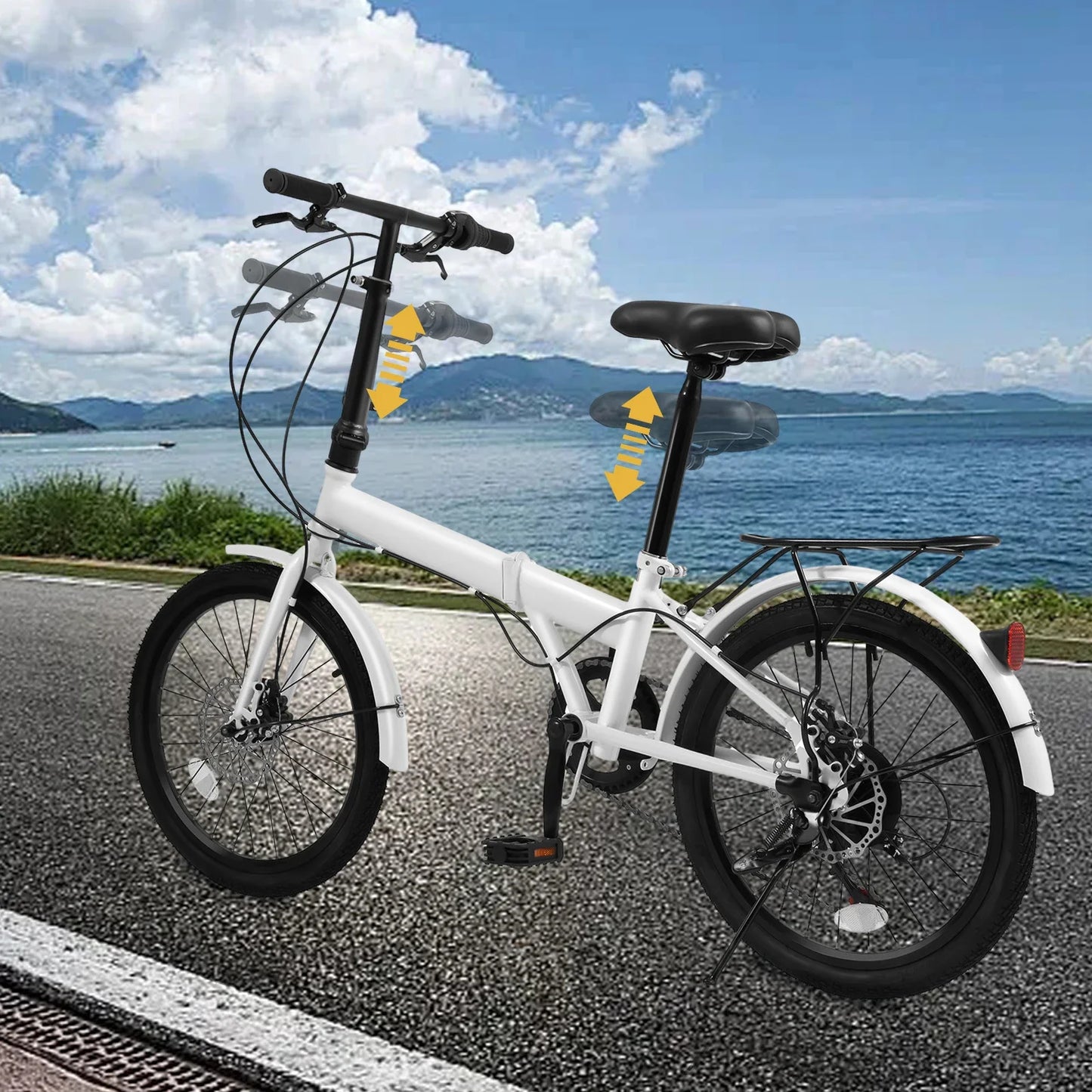 7 Speed Folding City Bicycle for Adults,White Iron T-Shaped Frame with Disc Brake,Height Adjustable Seat Portable Commuter Bike