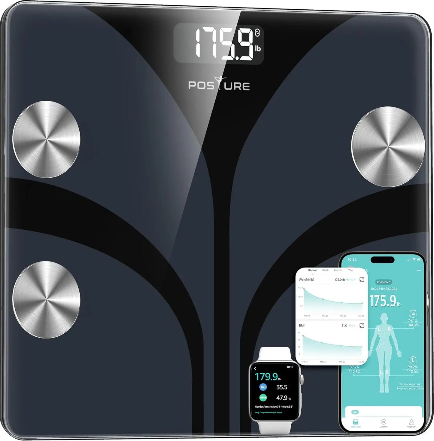 Digital Bathroom Smart Scale, 13 Body Composition Analyzer, Syncs with Apps for BMI Health Monitor up to 400lbs - Black