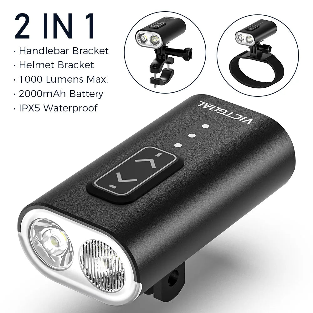 VICTGOAL 1000LM Bike Light Waterproof Rechargeable Bright Bicycle Headlight, Helmet & Handlebar Light for Night Safety Cycling