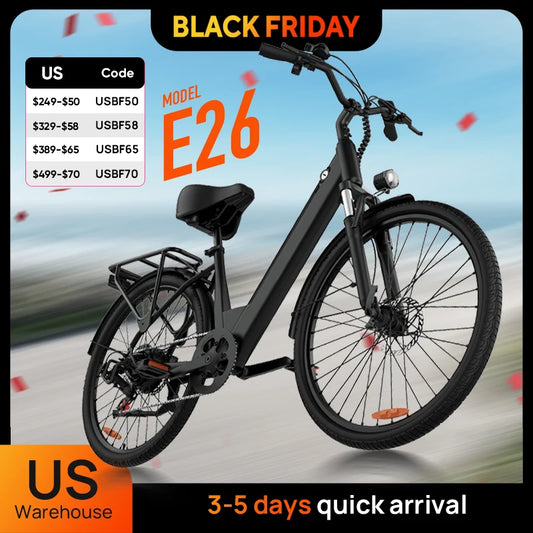Peak 750W E26 Electric Bike for Adults | 48V 10.4Ah Removable Battery, Top Speed 20MPH, 26''X2" Standard Tire, 7-Speeds