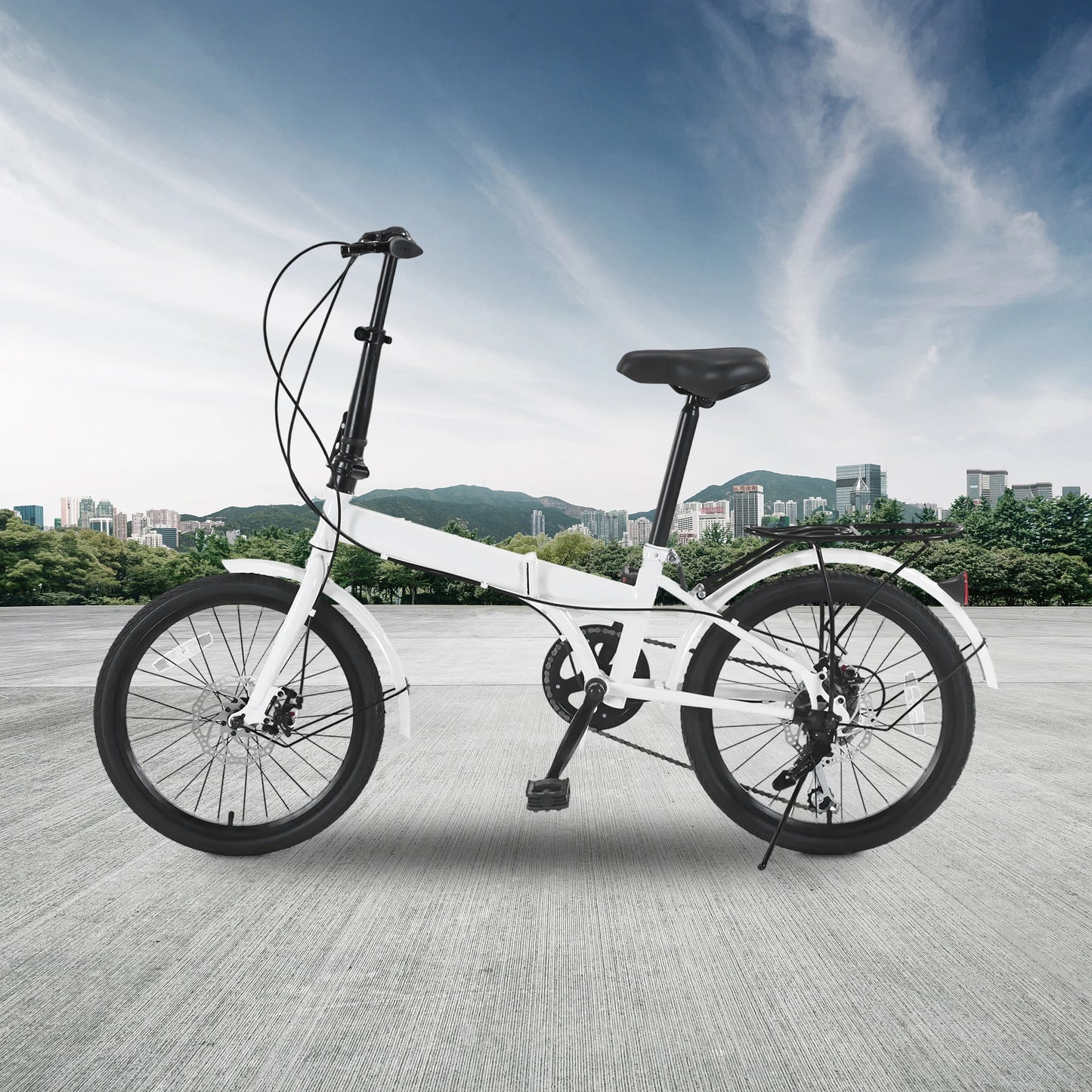 7 Speed Folding City Bicycle for Adults,White Iron T-Shaped Frame with Disc Brake,Height Adjustable Seat Portable Commuter Bike