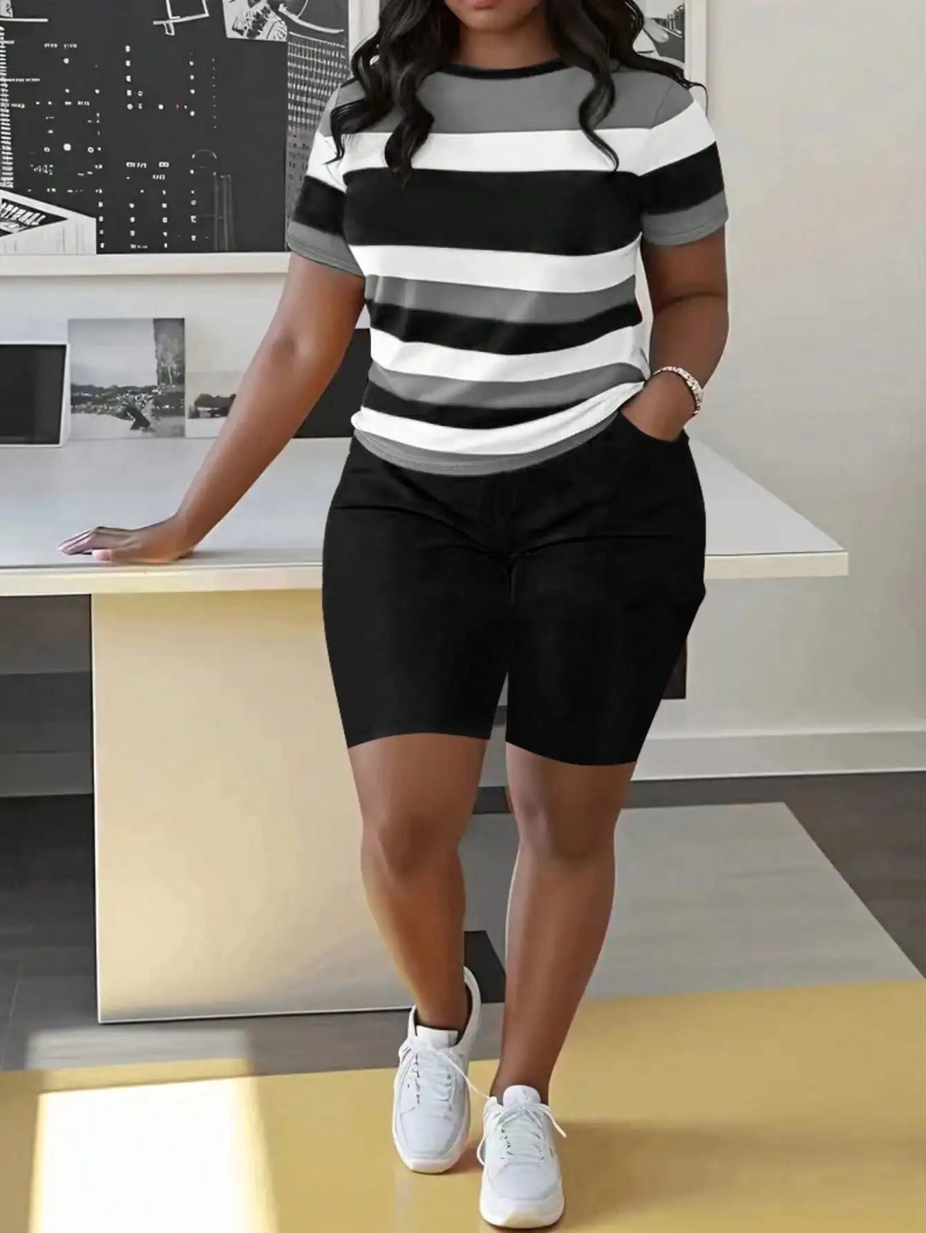 Plus Size Women's Striped Short Sleeve Top & Green Biker Shorts Set, Casual Summer Outfit