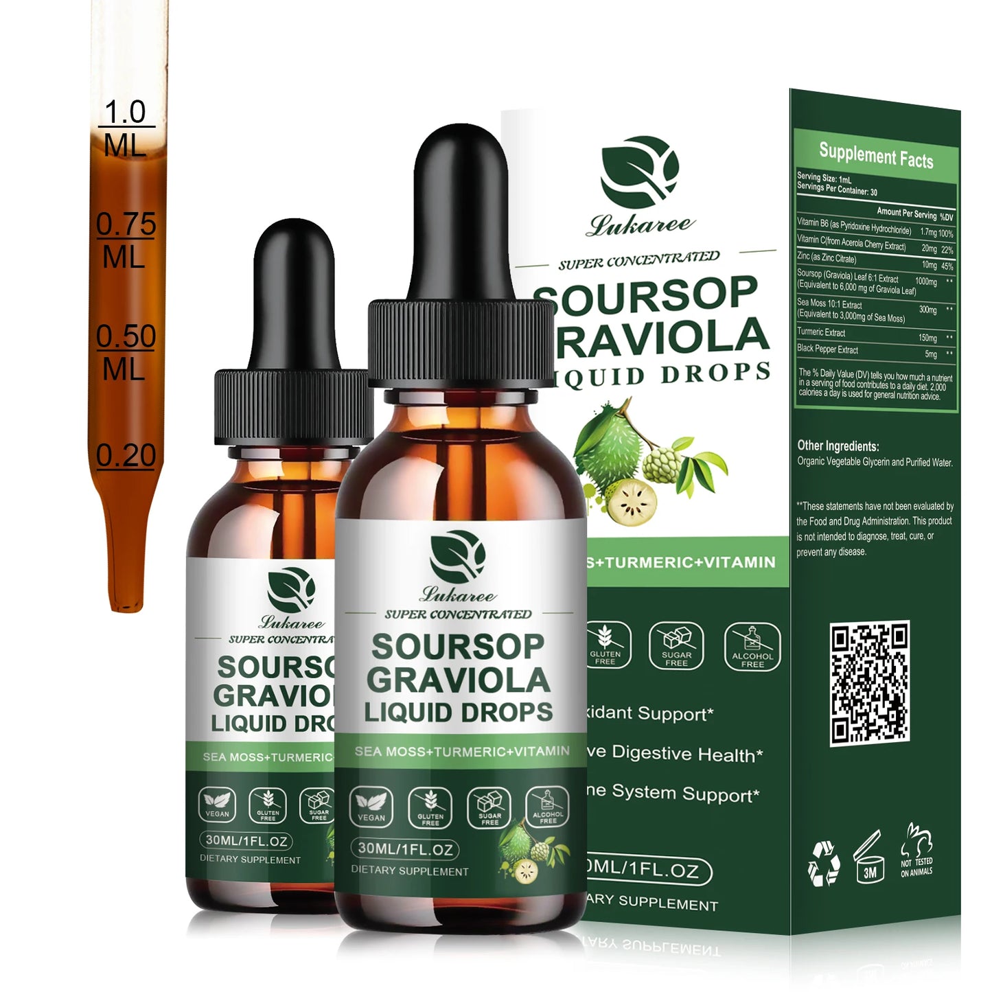 30ML Soursop Graviola Extract Drops Support Immunity and Digestion ,Metabolism Health, Detox and Antioxidation Gluten-Free