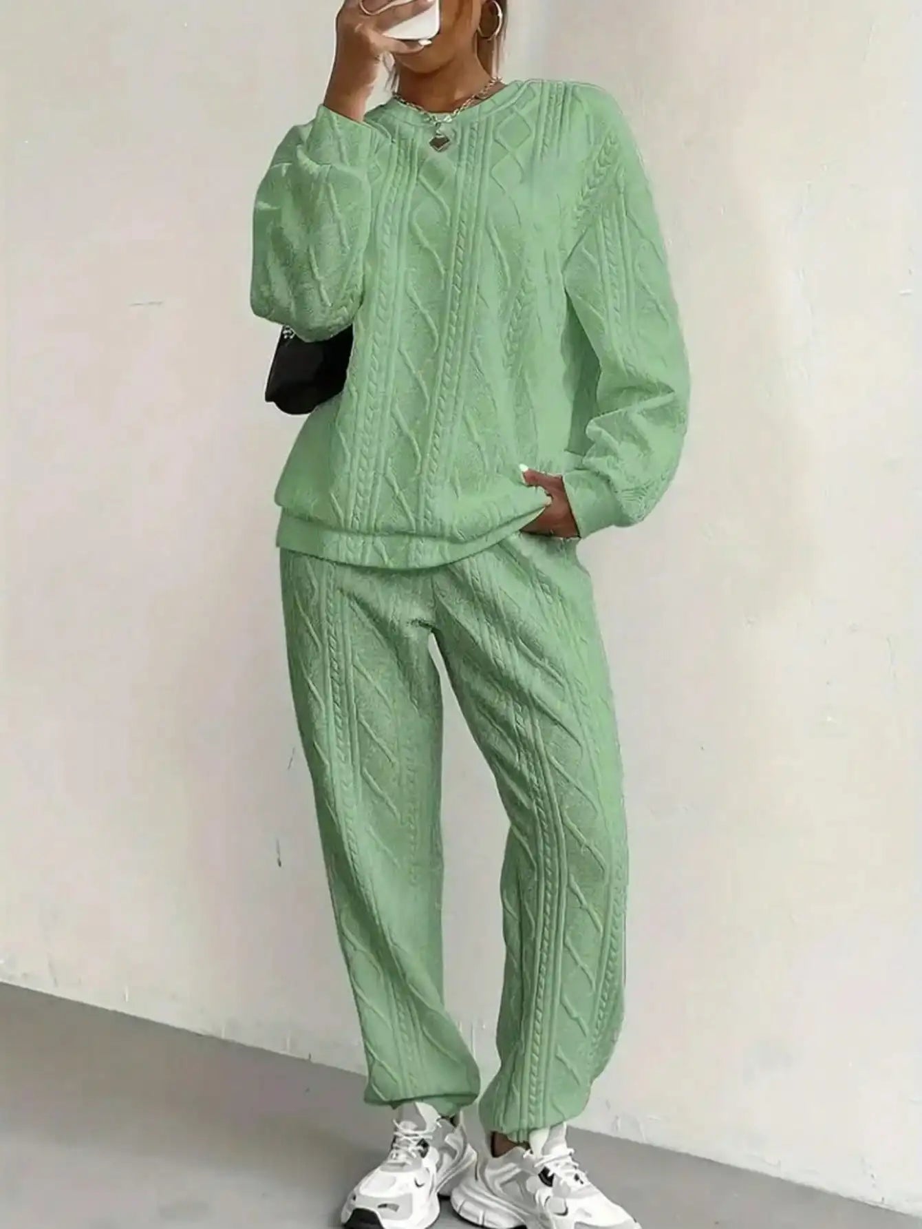 Mint Green Textured Knit Pullover Set with Loose Fit for Women, Casual Comfort Wear