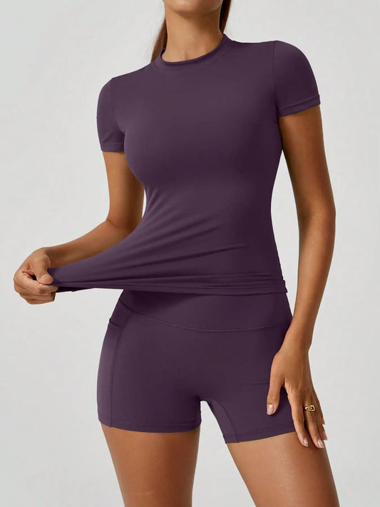 Women's Solid Purple Seamless Short Sleeve Sports Set - High Elastic & Slim Fit for Yoga, Gym, Running