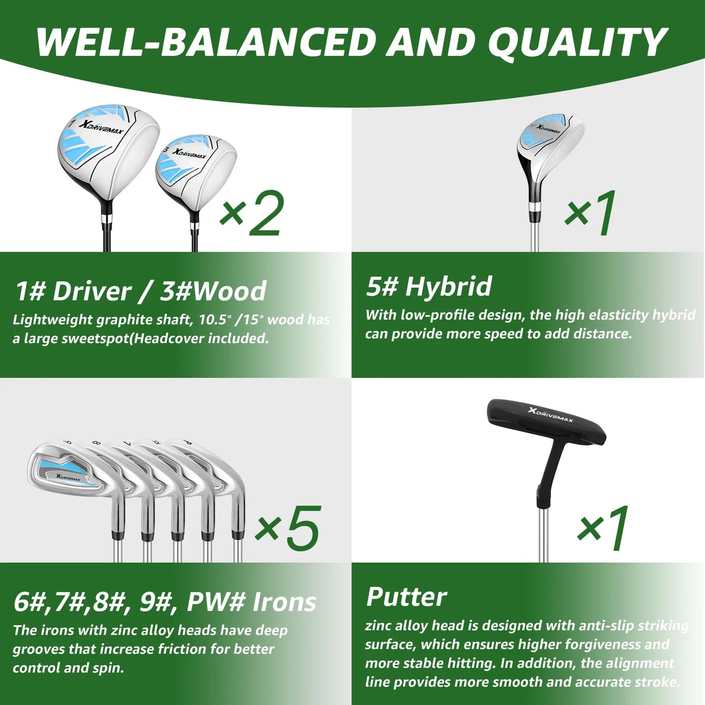 XDriveMax 10 Pieces Complete Mens Golf Clubs Set Right Hand for Men Women Includes Stand Bag