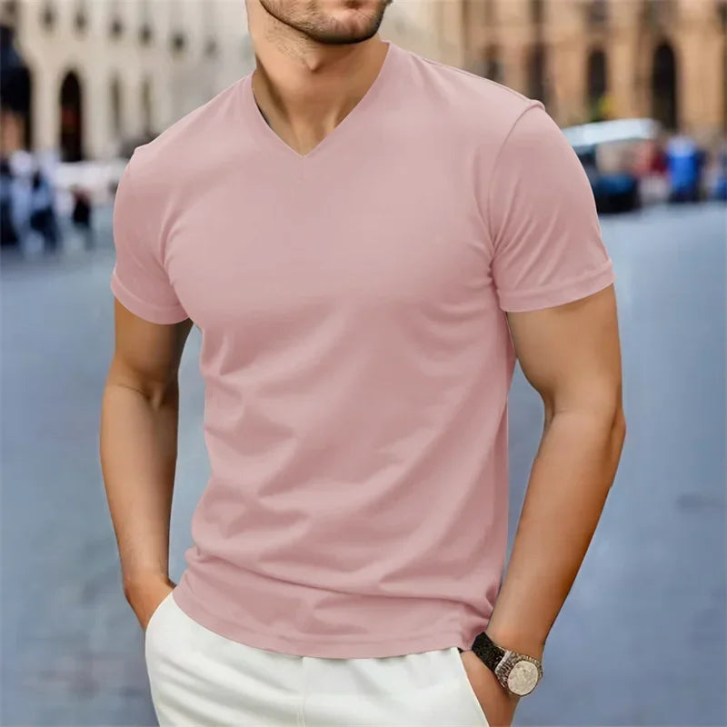2025 New Men's Casual Fashion Simple V-neck Short Sleeved T-shirt Summer Comfortable Breathable Versatile Top