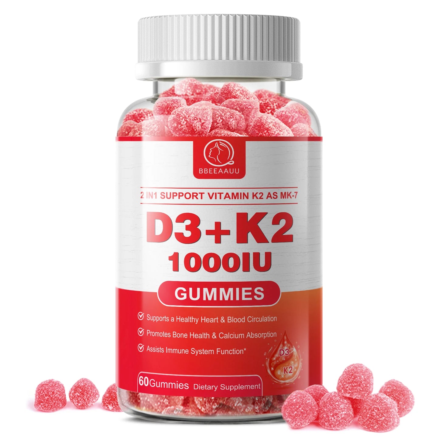 BBEEAAUU Vitamin D3 & Vitamin K2 Supplement Bone Support D3 K2 Gummies Vegan Non-GMO Gluten Free Improves Muscle Function