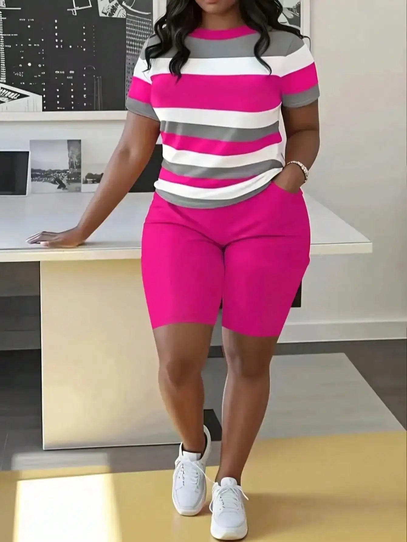 Plus Size Women's Striped Short Sleeve Top & Green Biker Shorts Set, Casual Summer Outfit