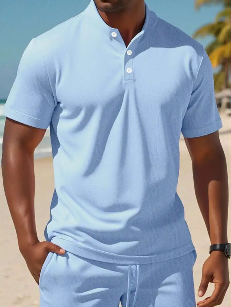 Men's Light Blue Solid Short Sleeve Polo Shirt and Matching Shorts Set, Summer Casual Outfit