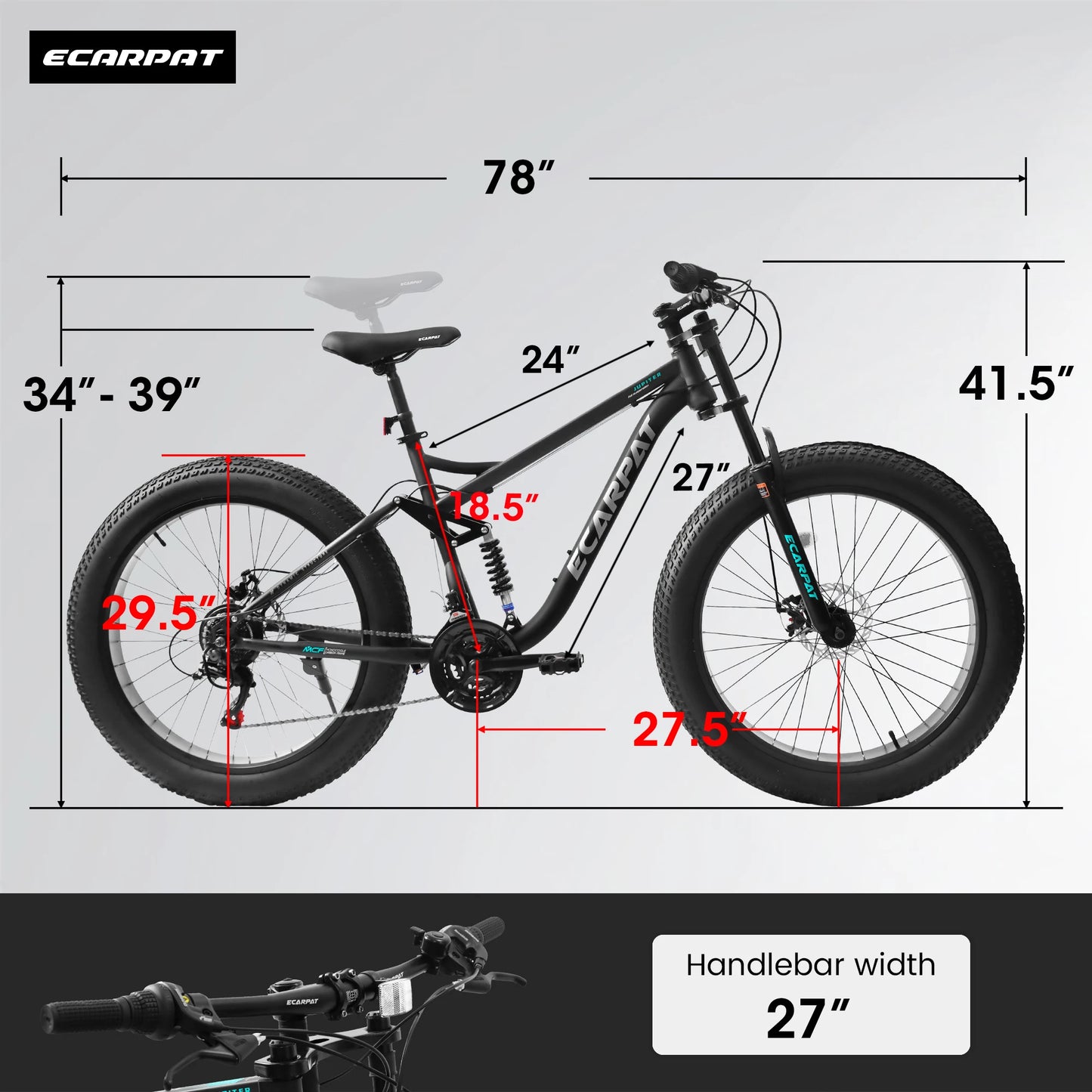 26 inch Mountain Bike, Full-Suspension 21 Speeds Drivetrain with Disc-Brake MTB Bicycle, 26*4" Fat tire Bike for Men or Women.