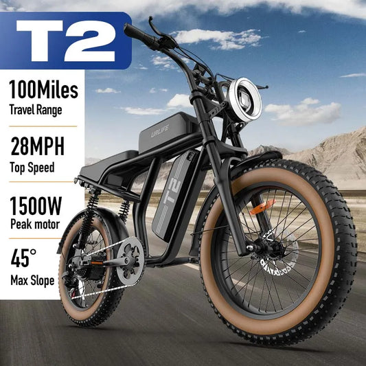 T2 20x4" Fat Tire Electric Bike - 1500W High-Power Motor, 54.6V 15.6Ah Removable Battery for Up to 100 Miles Max Range