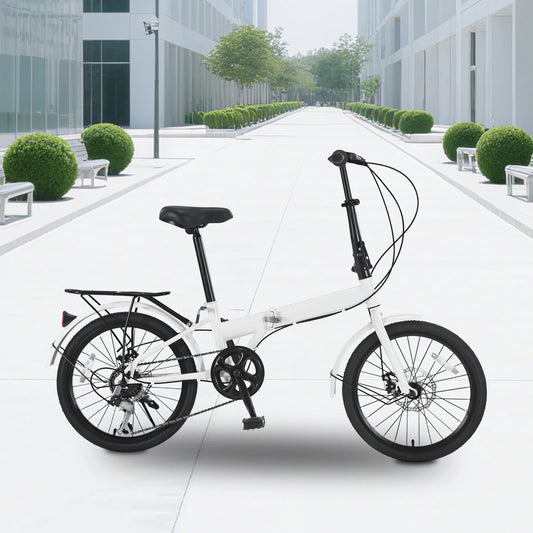 7 Speed Folding City Bicycle for Adults,White Iron T-Shaped Frame with Disc Brake,Height Adjustable Seat Portable Commuter Bike