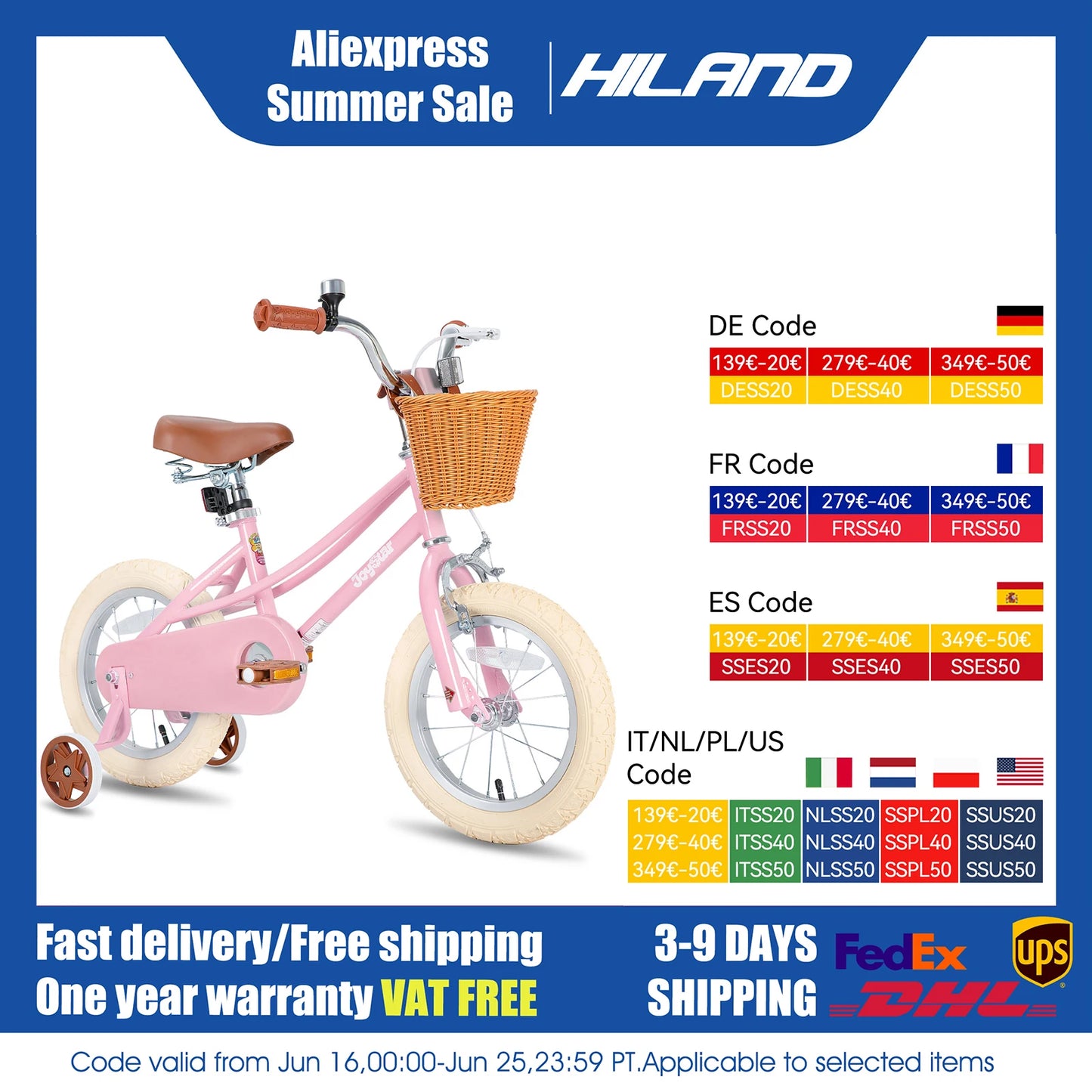 US warehouse JOYSTAR Girls Bike for 2-12 Toddlers & Kids, 12" 14" 16" 20" with Training Wheels, Basket & Kickstand, Retro Style