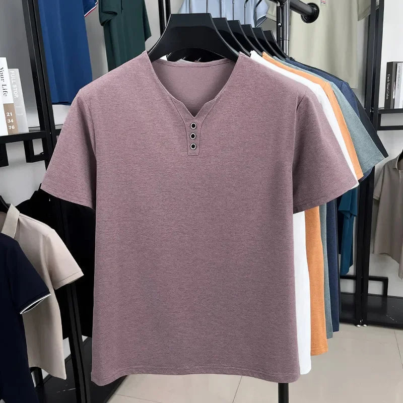 New Men's Casual and Fashionable Three Button V-neck Solid Color Short Sleeved T-shirt Summer Versatile Top