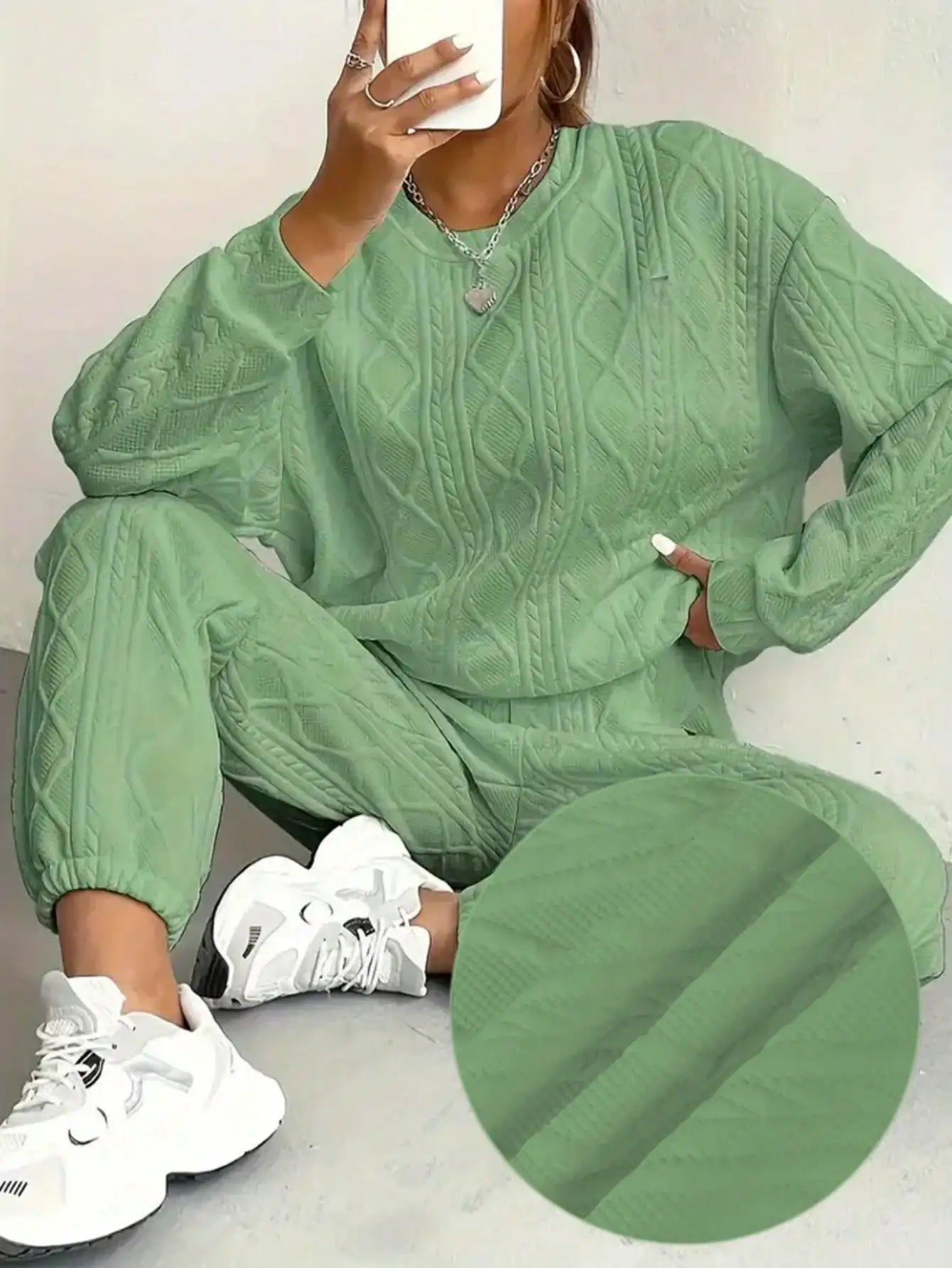 Mint Green Textured Knit Pullover Set with Loose Fit for Women, Casual Comfort Wear