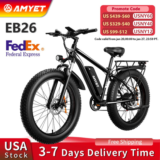 AMYET EB26 Electric Bike for Adults 1000W Electric Bicycle 48V 15AH E Bike 26" Fat Tire Mountain 31mph Dual Shock Absorber Ebike