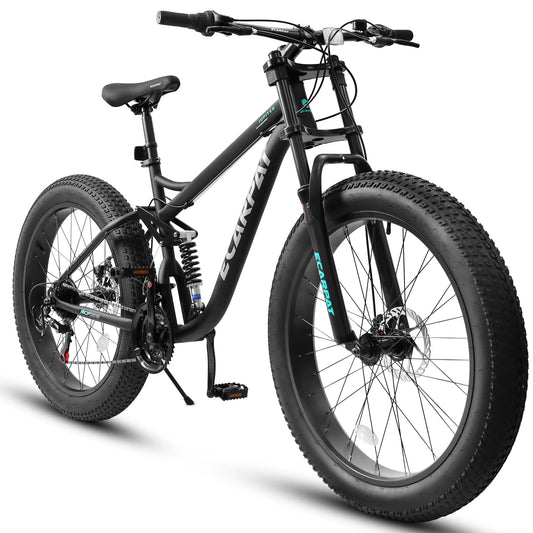 26 inch Mountain Bike, Full-Suspension 21 Speeds Drivetrain with Disc-Brake MTB Bicycle, 26*4" Fat tire Bike for Men or Women.