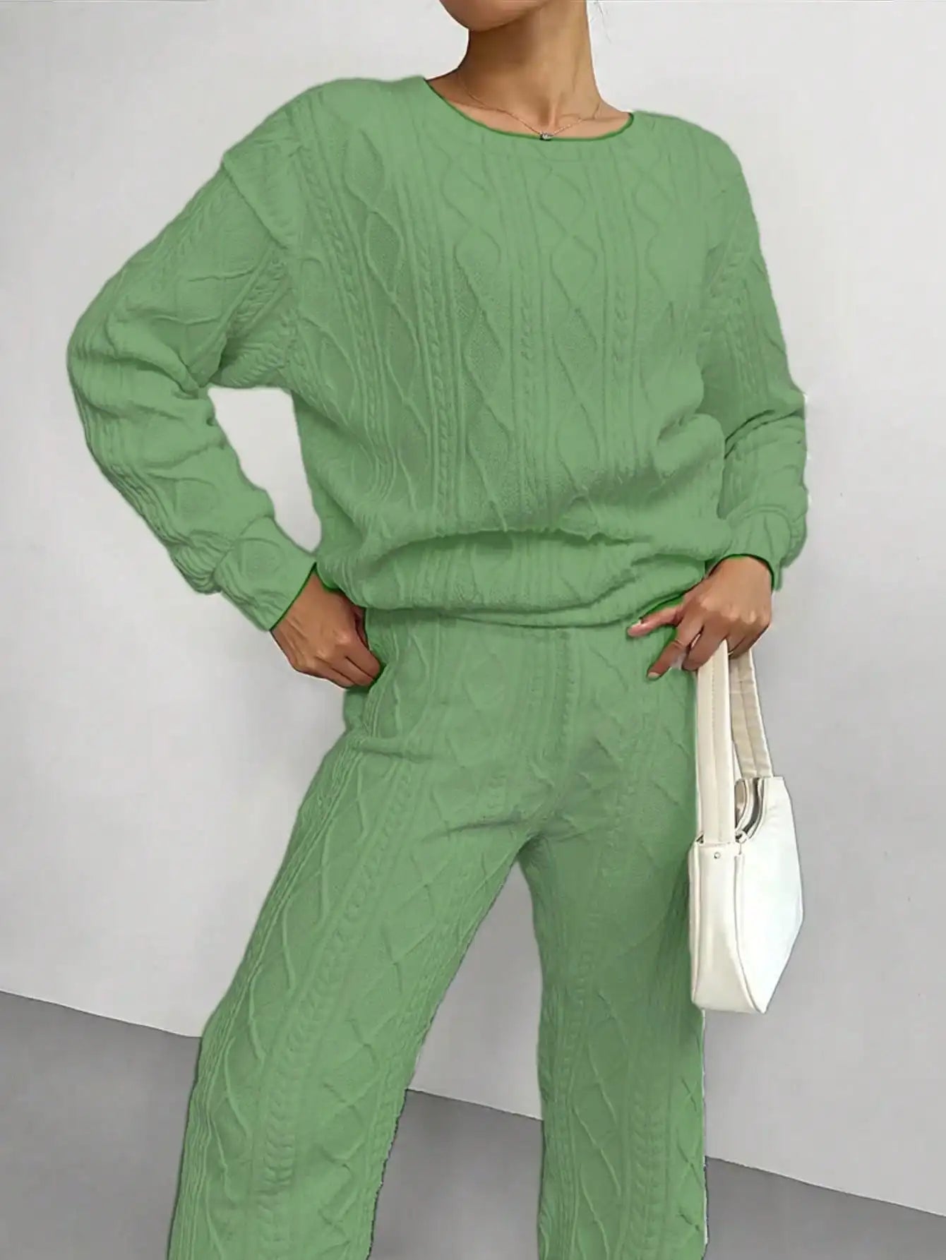 Mint Green Textured Knit Pullover Set with Loose Fit for Women, Casual Comfort Wear