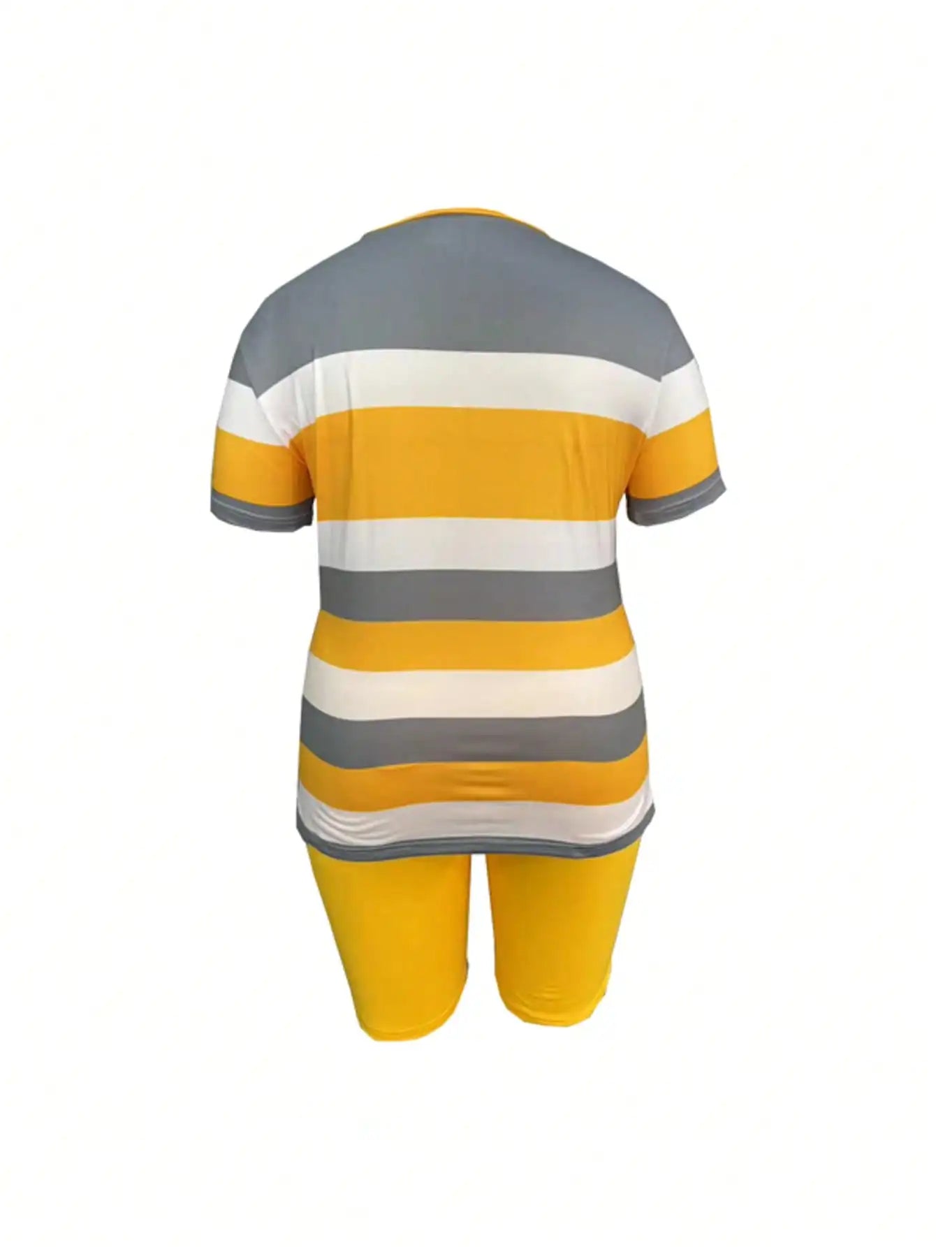Plus Size Women's Striped Short Sleeve Top & Green Biker Shorts Set, Casual Summer Outfit