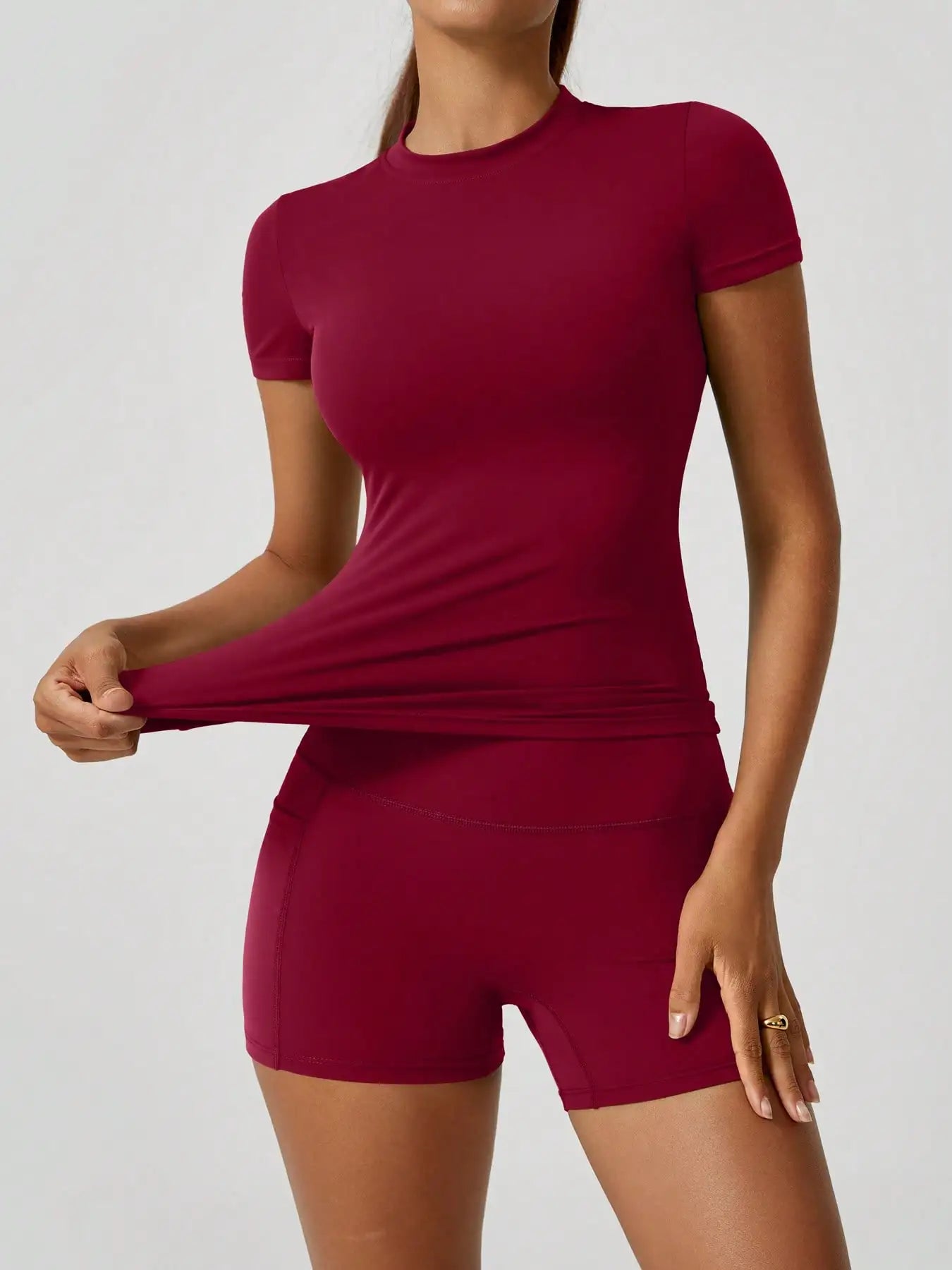 Women's Solid Purple Seamless Short Sleeve Sports Set - High Elastic & Slim Fit for Yoga, Gym, Running