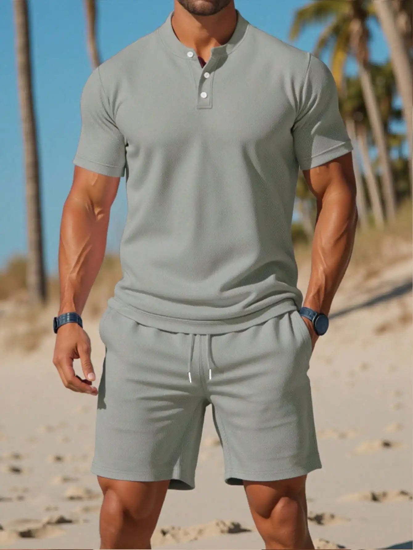 Men's Light Blue Solid Short Sleeve Polo Shirt and Matching Shorts Set, Summer Casual Outfit