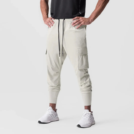 New men's fitness casual pants fashion brand large size men's solid color multi-pocket bunched feet American tracksuit pants