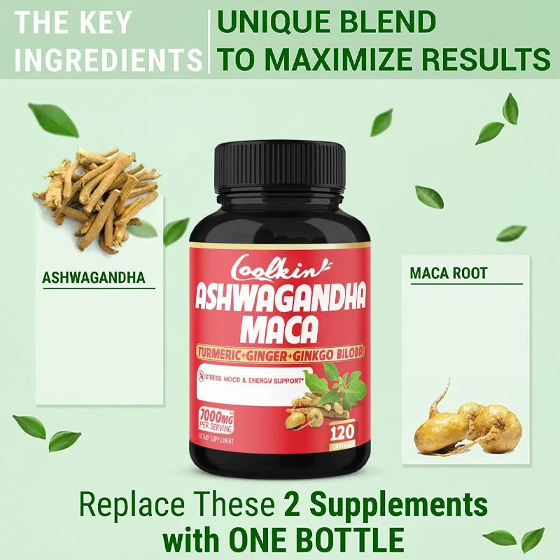 Ashwagandha and Maca - Supports Natural Health, Energy, Performance and Mood Supplements, Enhances Blood Flow - 120 Capsules