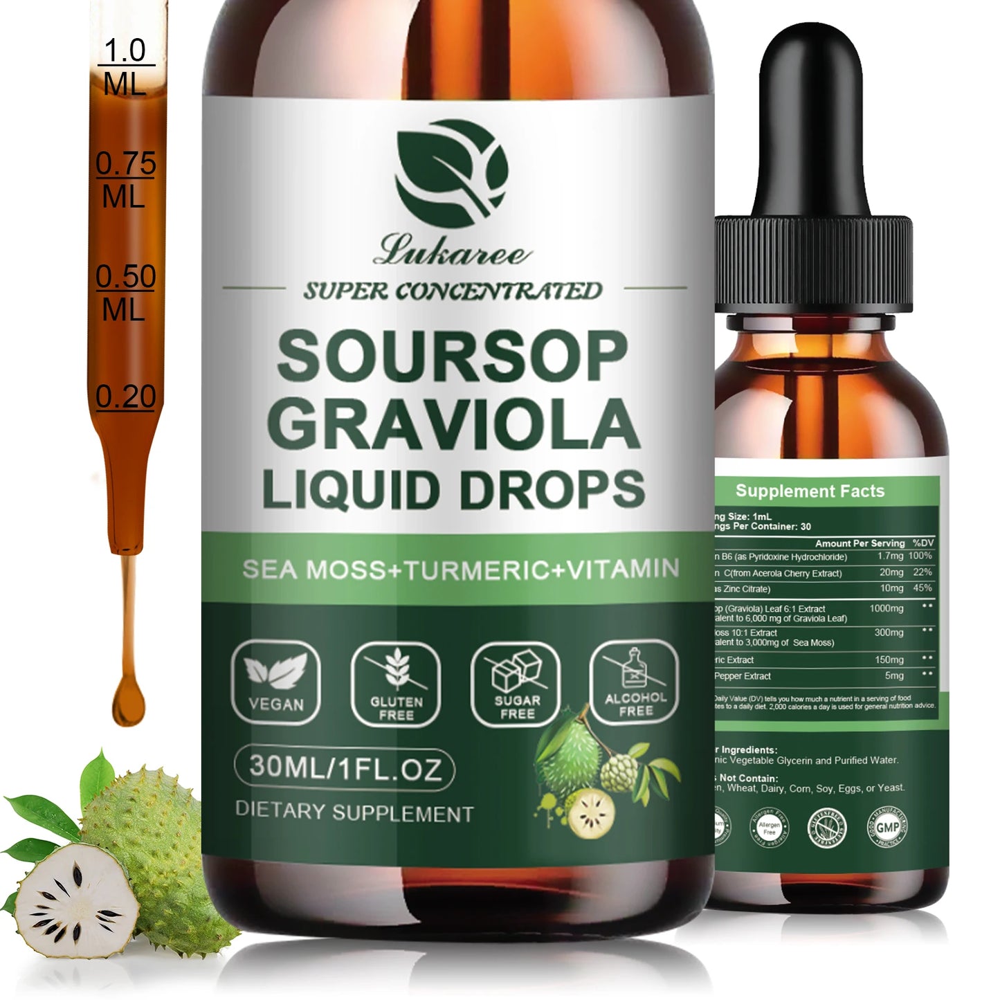 30ML Soursop Graviola Extract Drops Support Immunity and Digestion ,Metabolism Health, Detox and Antioxidation Gluten-Free
