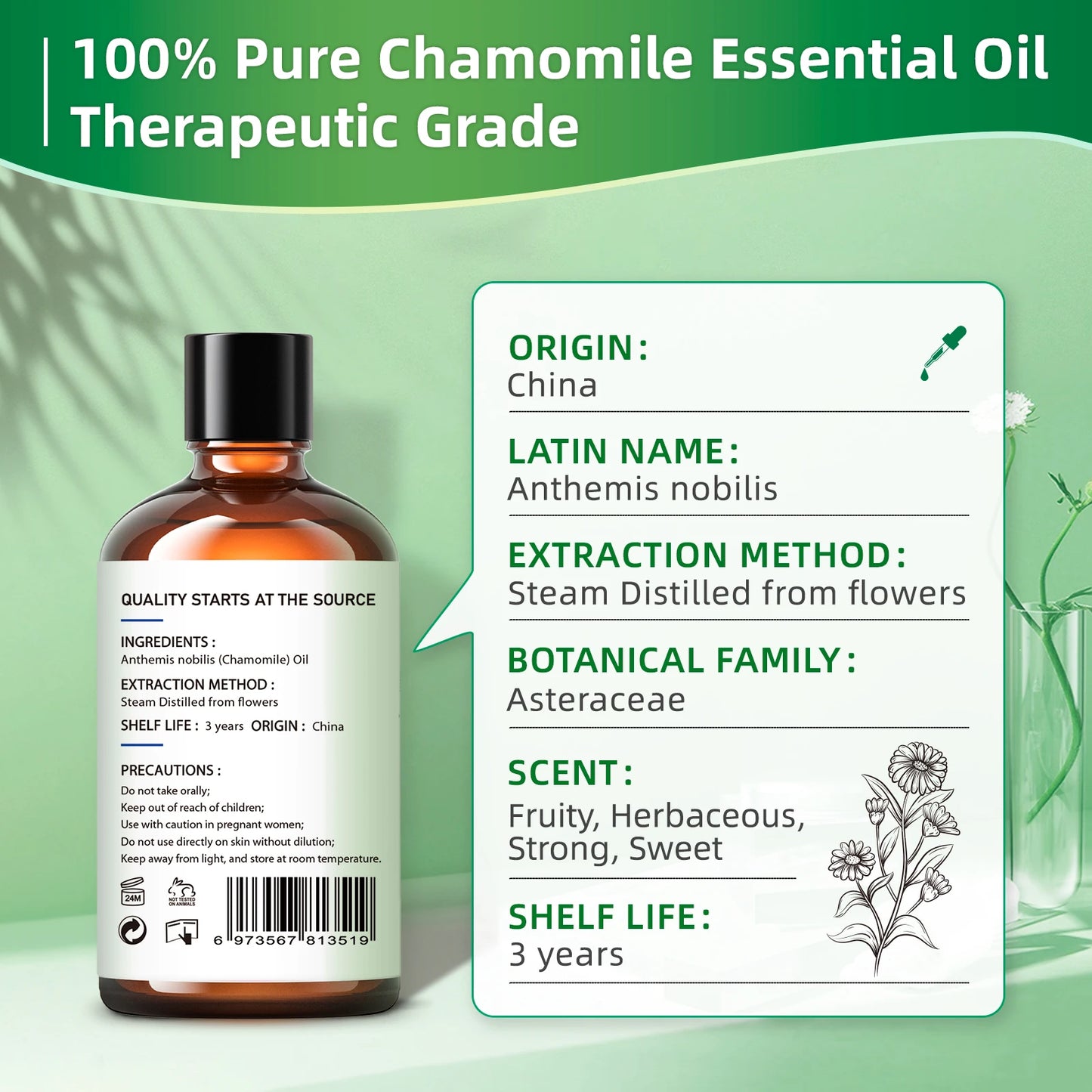100ML Chamomile Essential Oils,100% Pure Floral Oil for Diffuser, Humidifier, Massage, Valentine's Day, Mother's &Father' Gifts