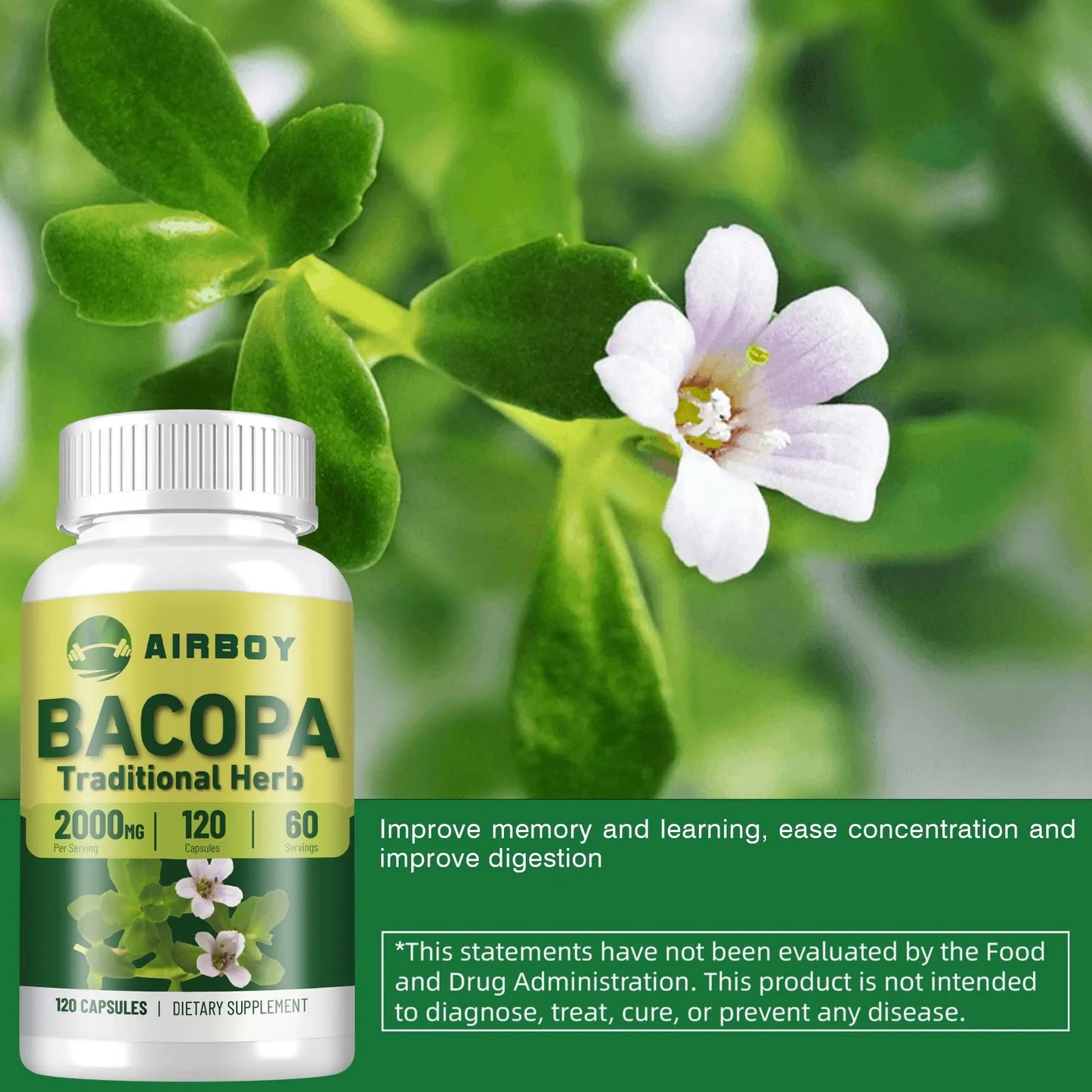 Bacopa Monnieri Extract Supplement - Brain Health Supports Performance Cognition, Enhances Energy & Stamina - 120 Capsules