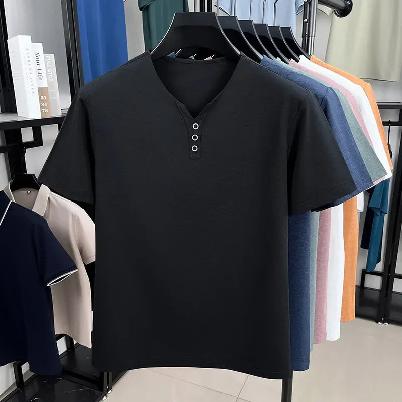 New Men's Casual and Fashionable Three Button V-neck Solid Color Short Sleeved T-shirt Summer Versatile Top