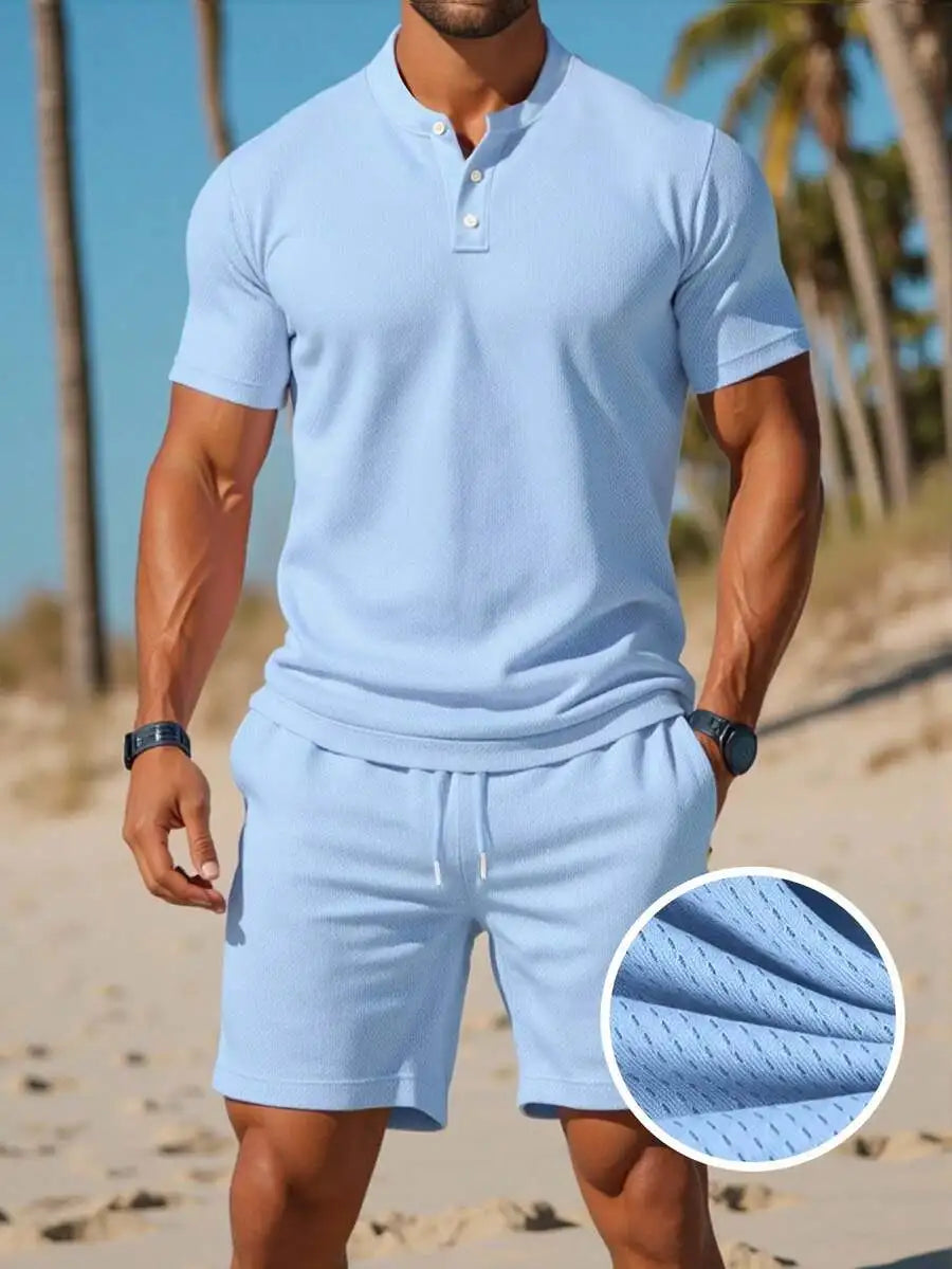 Men's Light Blue Solid Short Sleeve Polo Shirt and Matching Shorts Set, Summer Casual Outfit