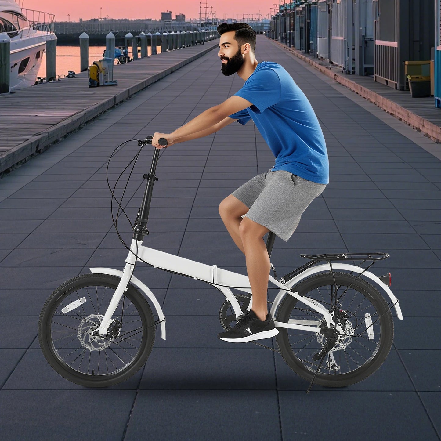 7 Speed Folding City Bicycle for Adults,White Iron T-Shaped Frame with Disc Brake,Height Adjustable Seat Portable Commuter Bike