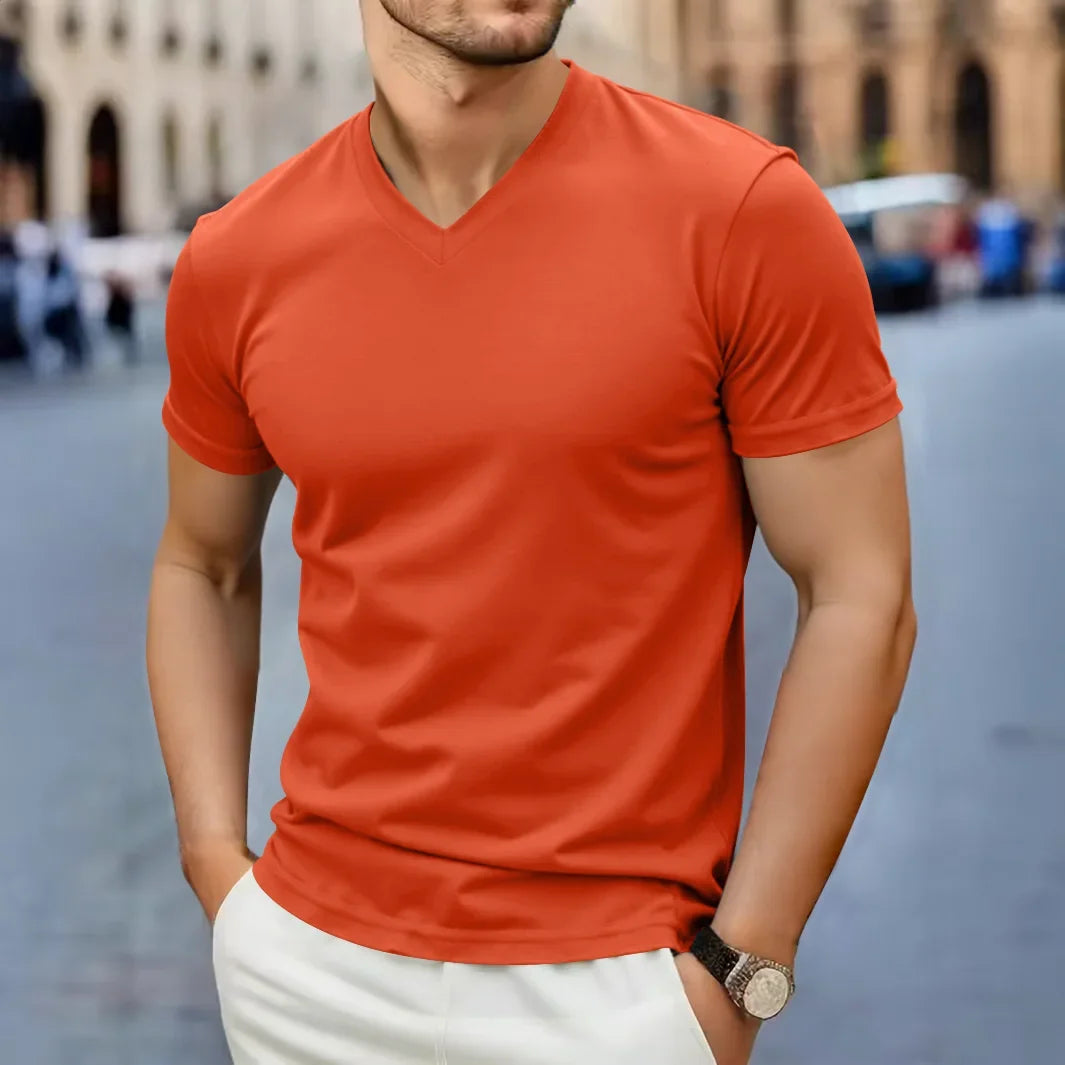 2025 New Men's Casual Fashion Simple V-neck Short Sleeved T-shirt Summer Comfortable Breathable Versatile Top