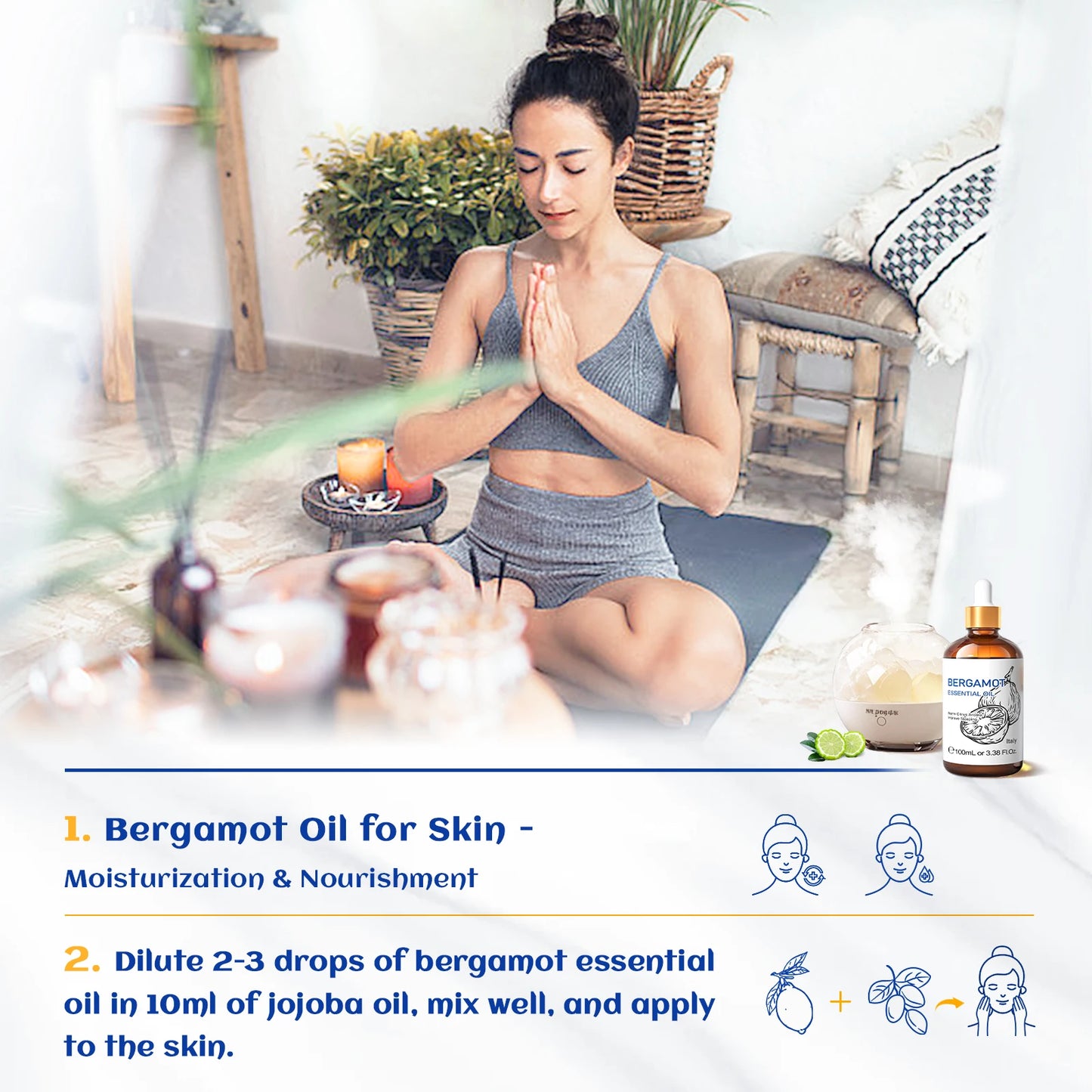 HIQILI 100% Pure Bergamot Essential Oil 100ml for Diffuser Blends Aromatherapy Uplifting Sweet Orange Grapefruit Lemon